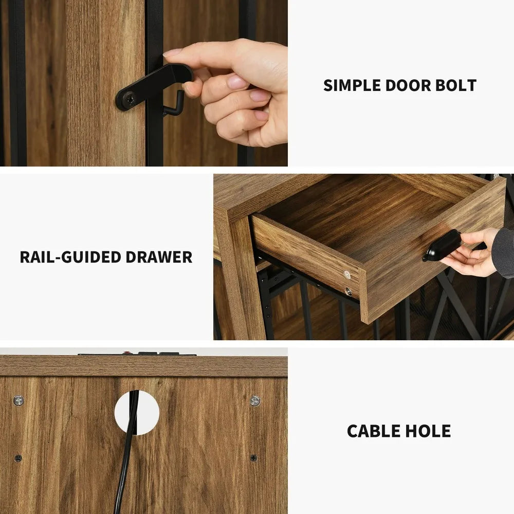 Double Dog Crate TV Stand Kennel With Sliding Barn Door