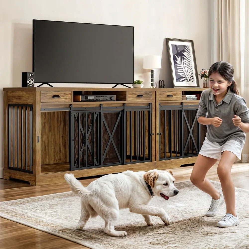 Double Dog Crate TV Stand Kennel With Sliding Barn Door