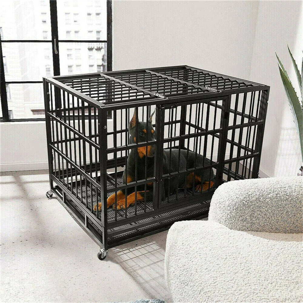 BORWARTH Heavy Duty Dog Crate With Lockable Wheels Playpen