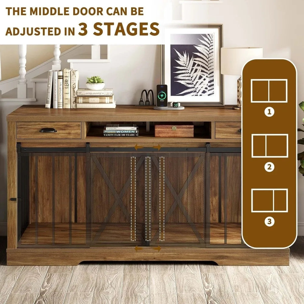 Double Dog Crate TV Stand Kennel With Sliding Barn Door