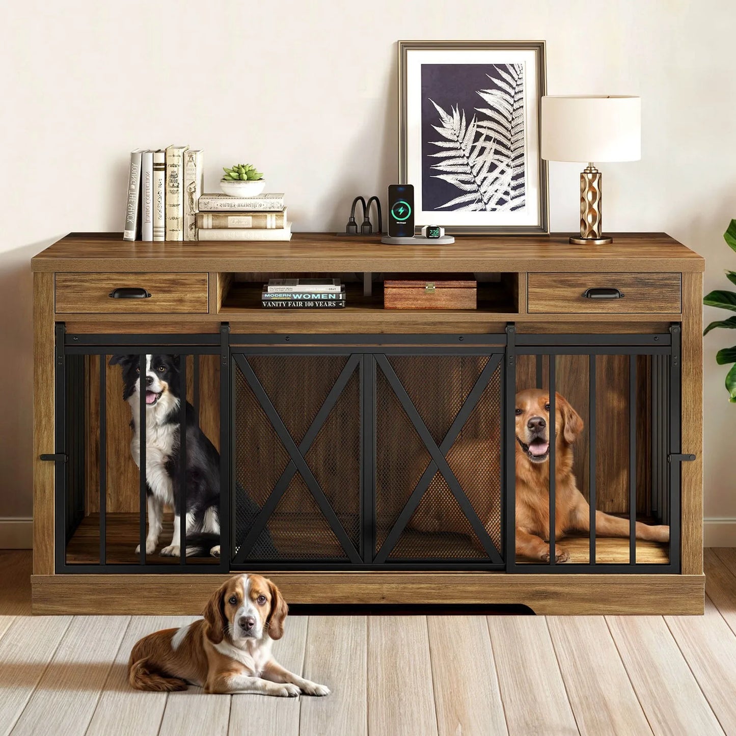 Double Dog Crate TV Stand Kennel With Sliding Barn Door