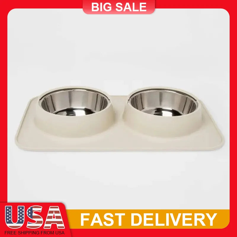 Silicone Pet Food Mat With Removable Stainless Steel Bowls