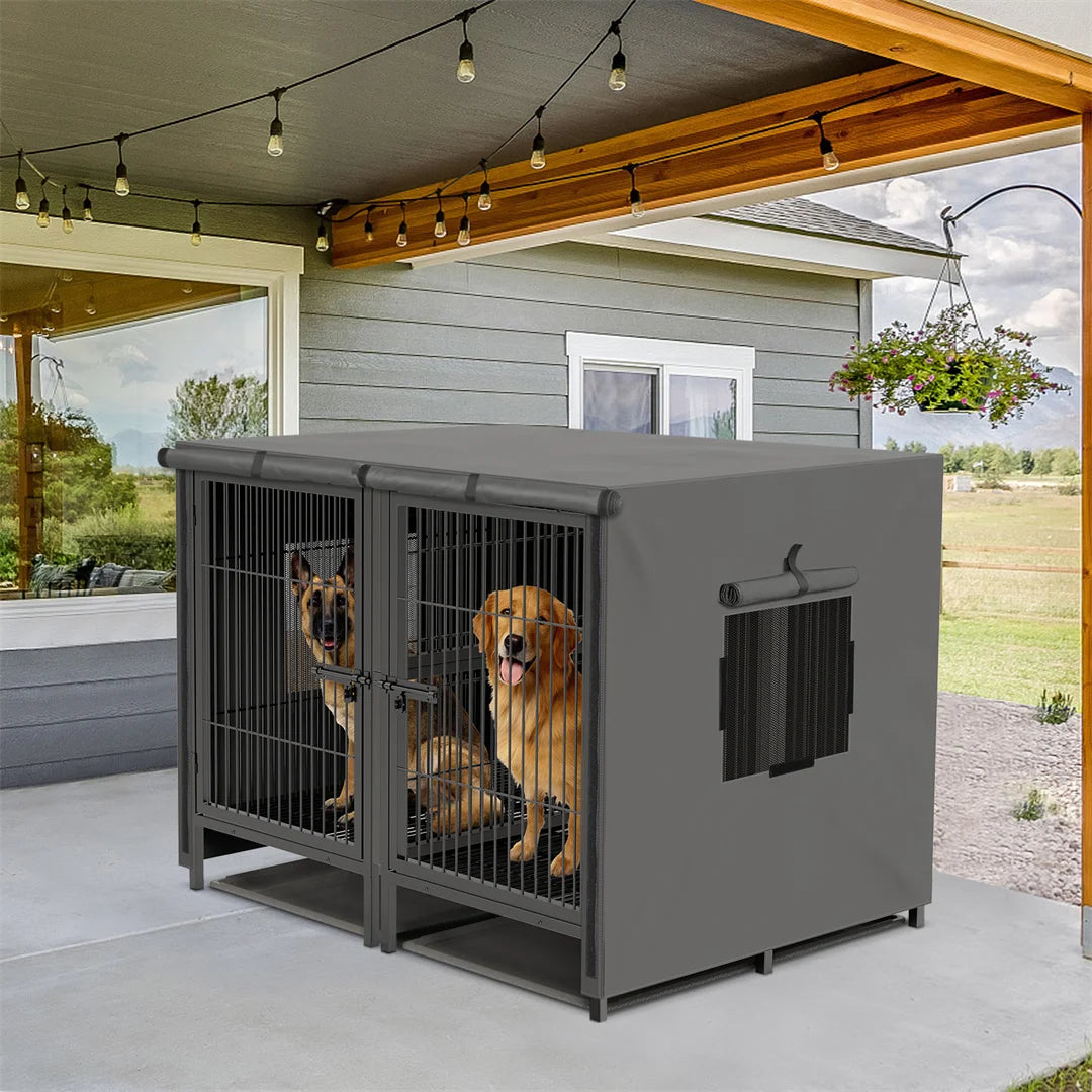 2 in 1 Large Heavy Duty Metal Dog Cage with Removable Divider Double Pet Crate Kennel for Animals with Cage Cover