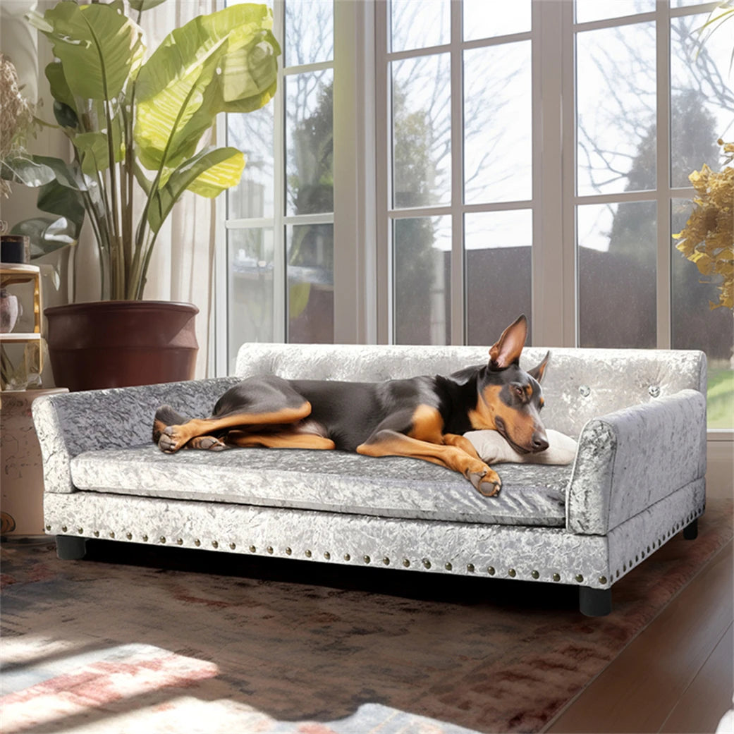 Borwartcn Luxury Velvet Tufted Dog Sofa Bed Elevated Pet Bed