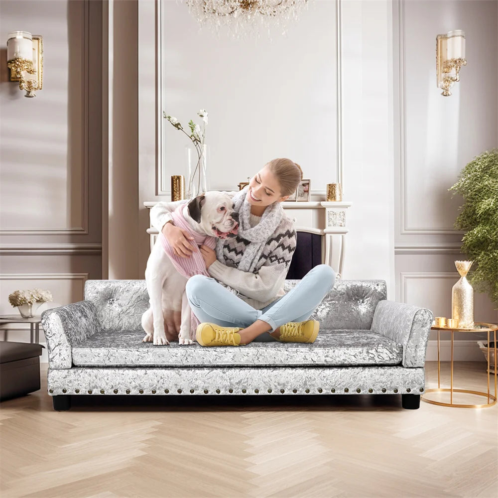 Borwartcn Luxury Velvet Tufted Dog Sofa Bed Elevated Pet Bed