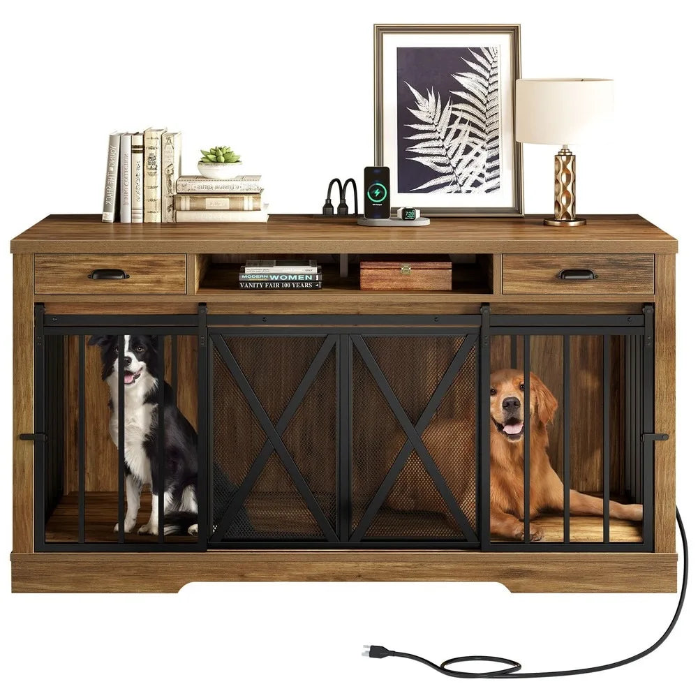 Double Dog Crate TV Stand Kennel With Sliding Barn Door