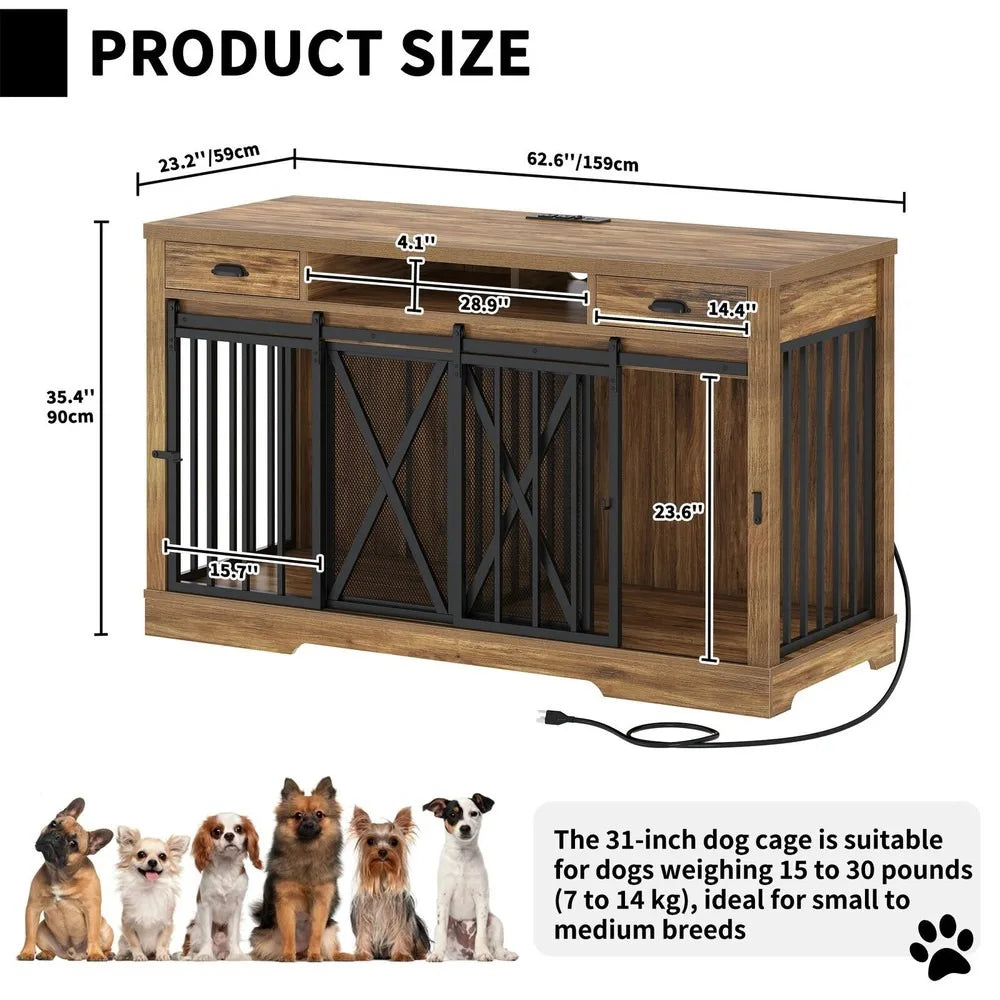 Double Dog Crate TV Stand Kennel With Sliding Barn Door